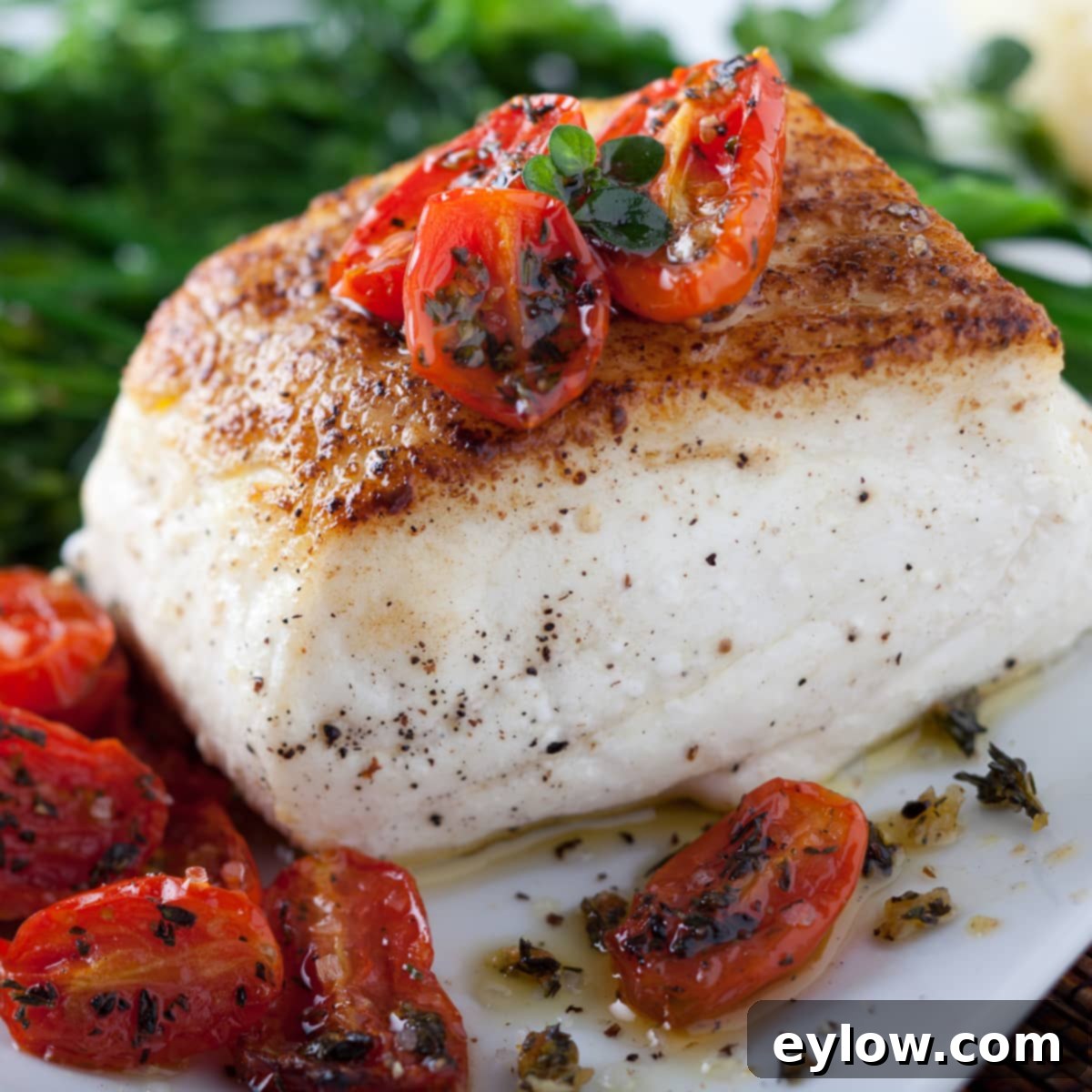 Plated roast halibut with a generous serving of roasted cherry tomatoes and fresh herbs.