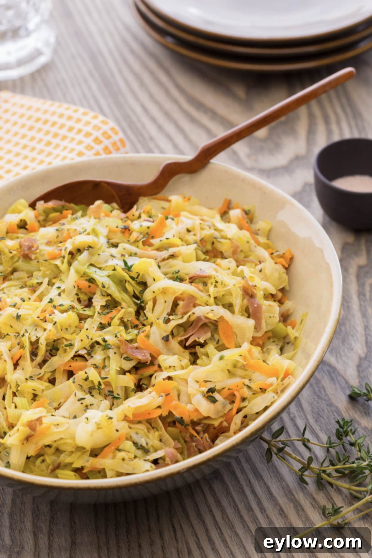 An oval bowl with braised cabbage, leeks, carrots, and bacon with a wooden serving spoon.