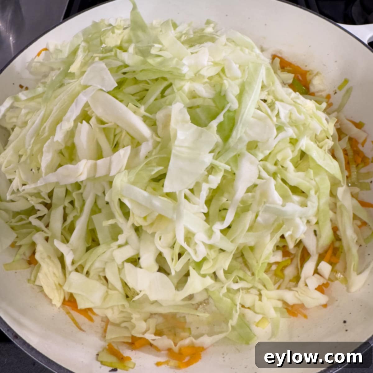 A pile of thinly sliced green cabbage in a shallow pan with carrots.