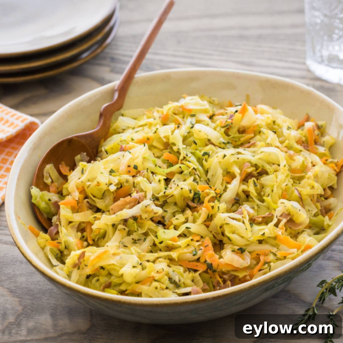A bowl of cooked cabbage with carrots, leeks, bacon, and thyme and a wood spoon.