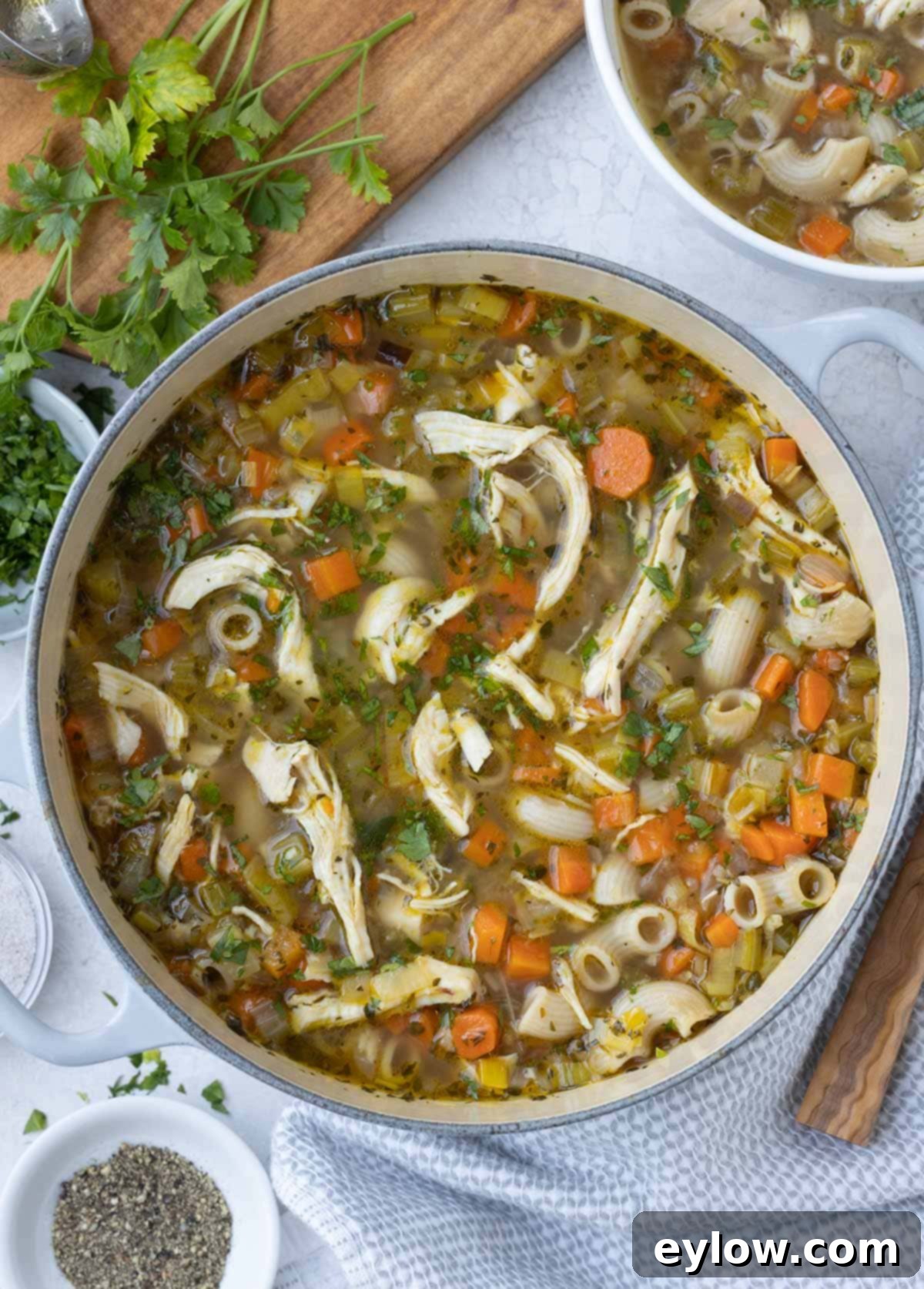 A large, steaming pot of homemade chicken vegetable soup, brimming with chicken and colorful vegetables, ready to be served.