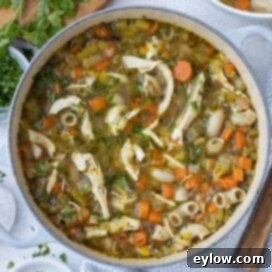 A finished pot of chicken vegetable soup ready to eat on a table, served alongside a ladle.