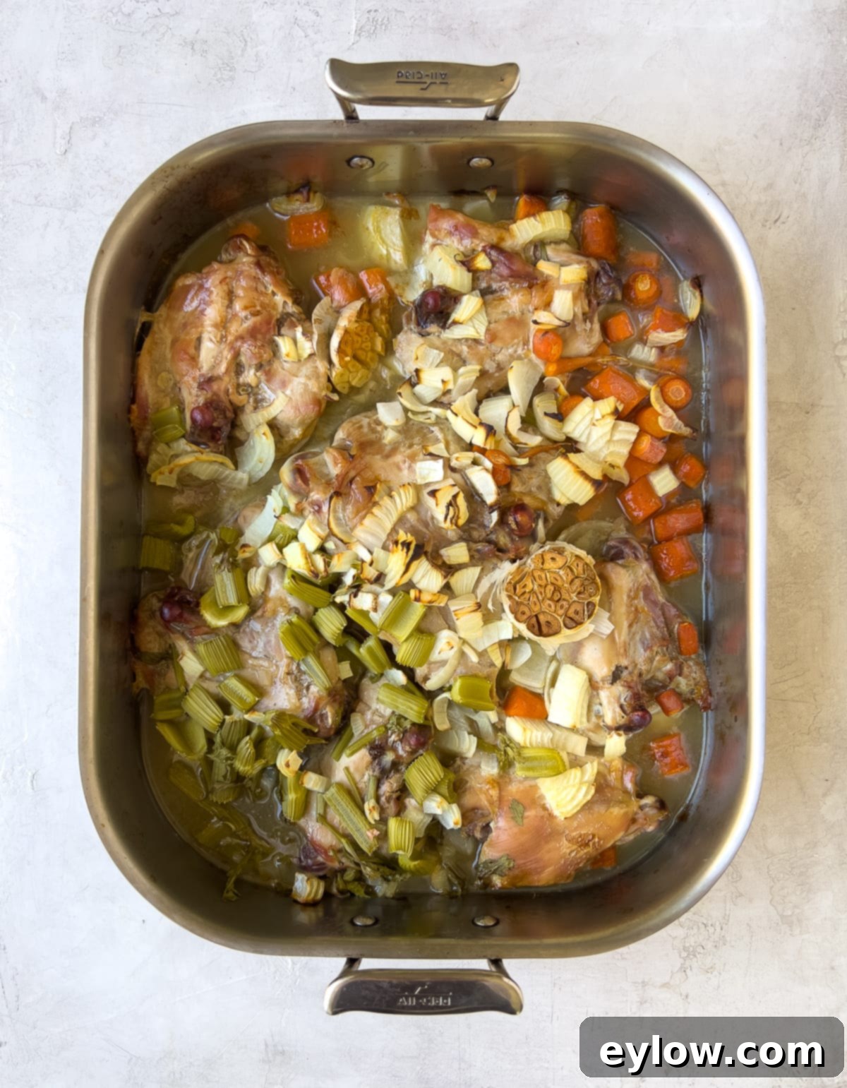 Homemade Turkey Stock 5 Roasted turkey pieces and vegetables after cooking.