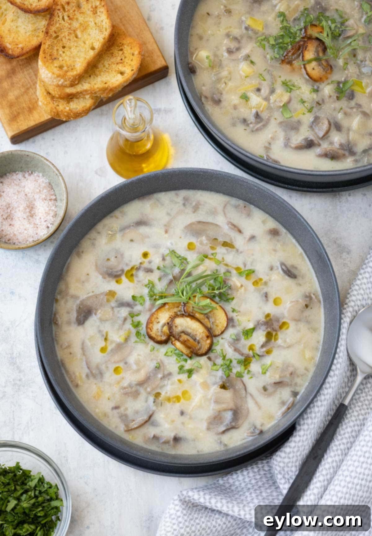 Gray bowls of creamy leek and mushroom soup with garlic toast and fresh parsley garnish.