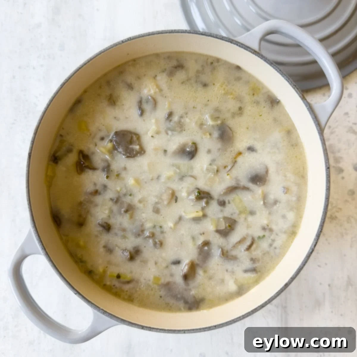 A gray dutch oven filled with finished creamy leek and mushroom soup ready to eat, garnished with herbs.