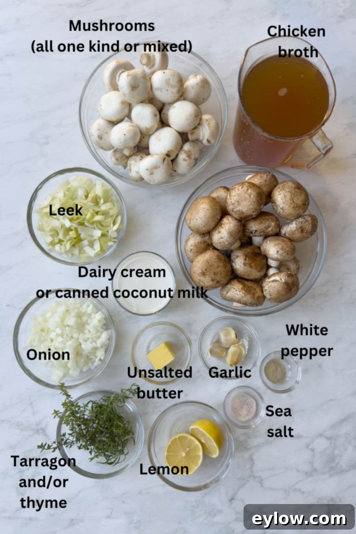 Prep bowls of fresh mushrooms, sliced leeks, heavy cream, chopped onion, lemon, fresh herbs, and minced garlic for creamy leek and mushroom soup. 