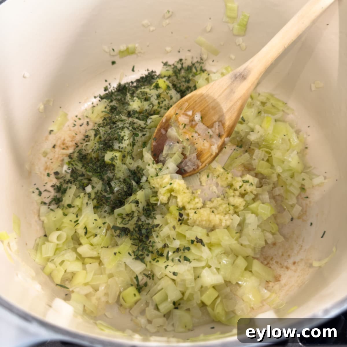 Cooked onions and leeks with vibrant green herbs forming a aromatic soup base.