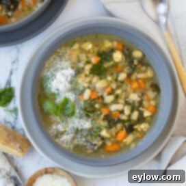 Gray bowl with bean and kale soup topped with parmesan and basil.