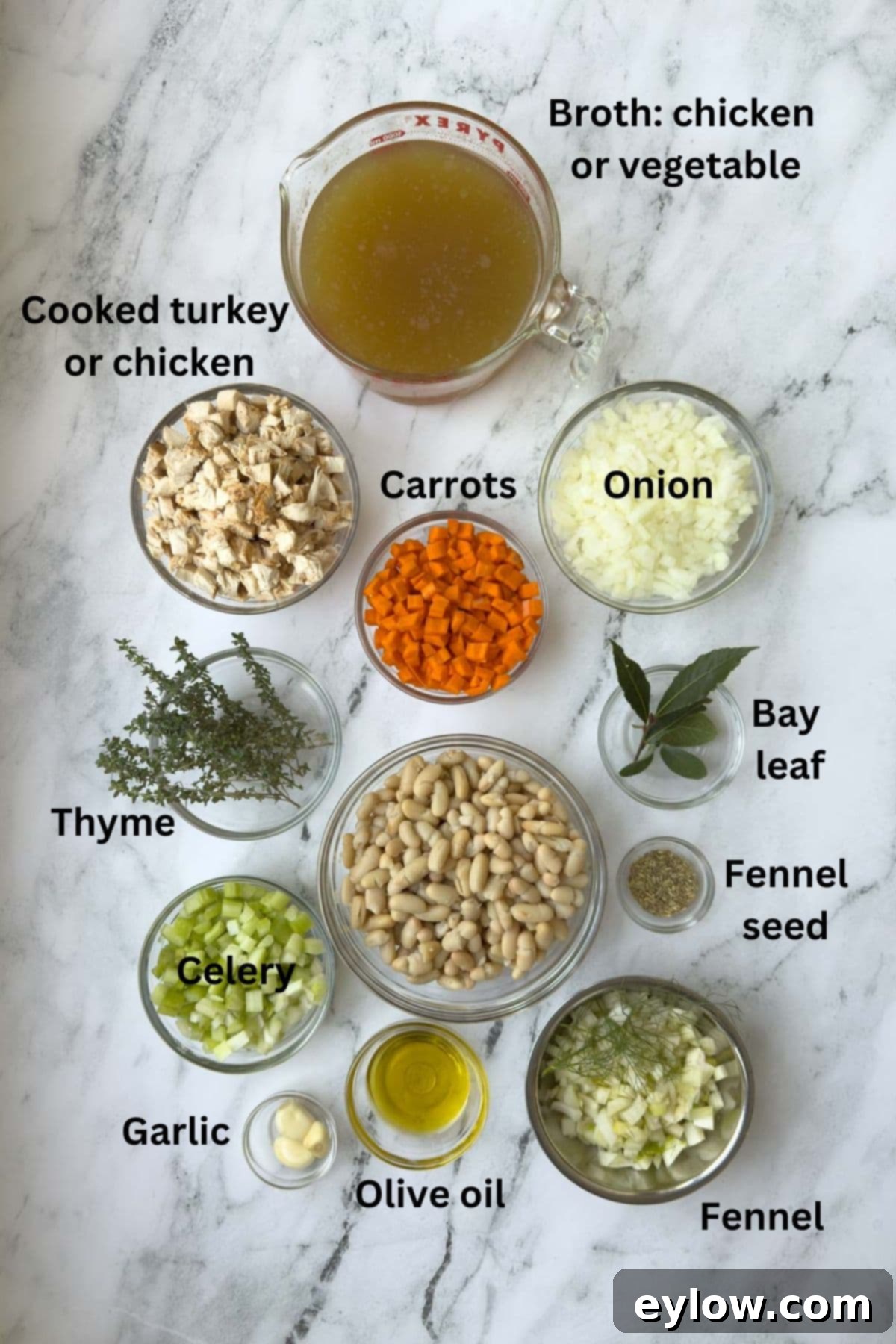 Ingredients for white bean soup with turkey or chicken with herbs and aromatics laid out.