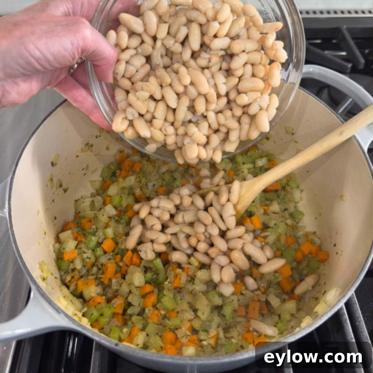 Adding white beans to a pot making a soup.