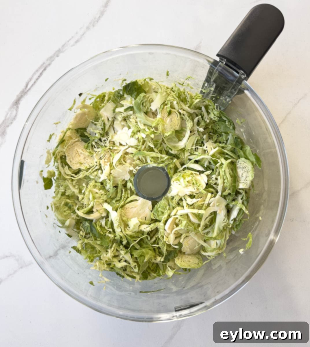 Perfectly shaved Brussels sprouts, glistening and ready for cooking, sit in a food processor work bowl, elegantly placed on a pristine marble counter, illustrating the crucial slicing step for this recipe.