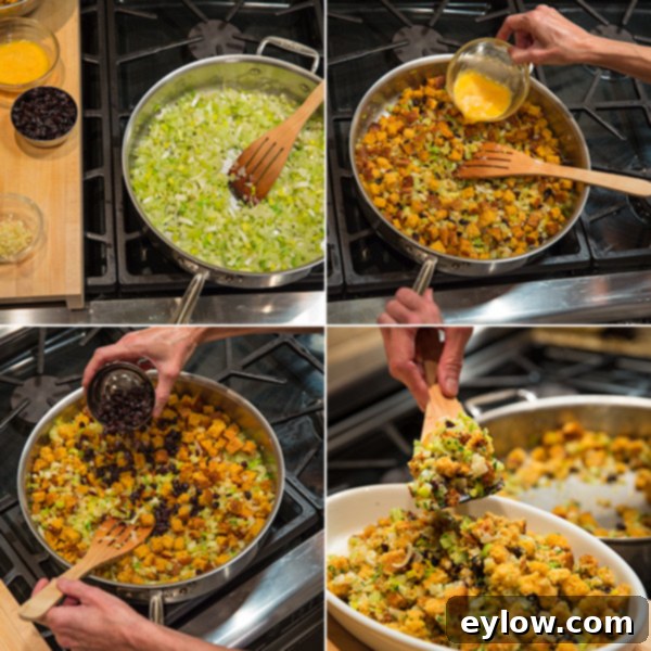 A visual collage showing the process of making cornbread cranberry dressing, including cornbread cubes, chopped vegetables, and mixed ingredients.