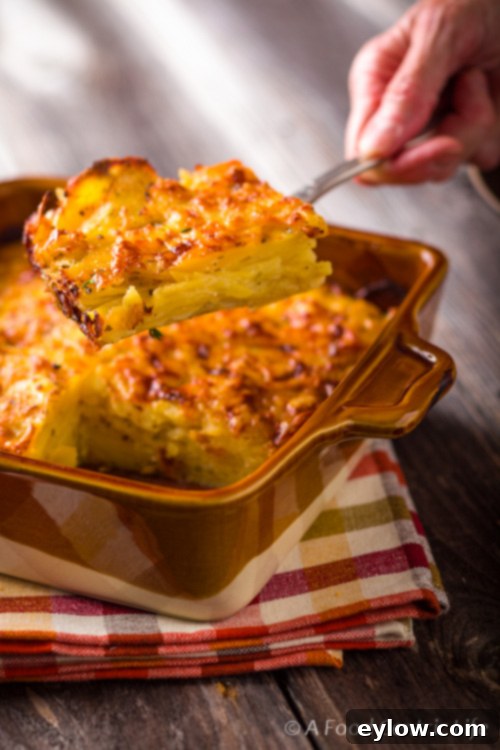 Scalloped Potatoes Gratin Slice The finished cheesy au gratin potatoes, golden layers on a serving spoon.