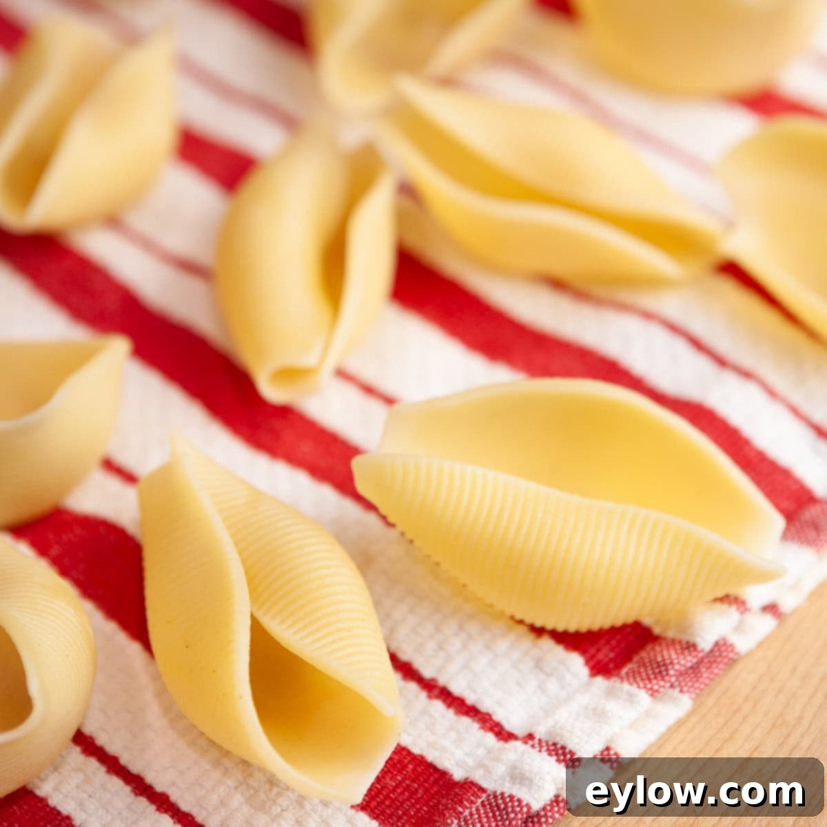 Cooked jumbo pasta shells cooling on a red striped kitchen towel.