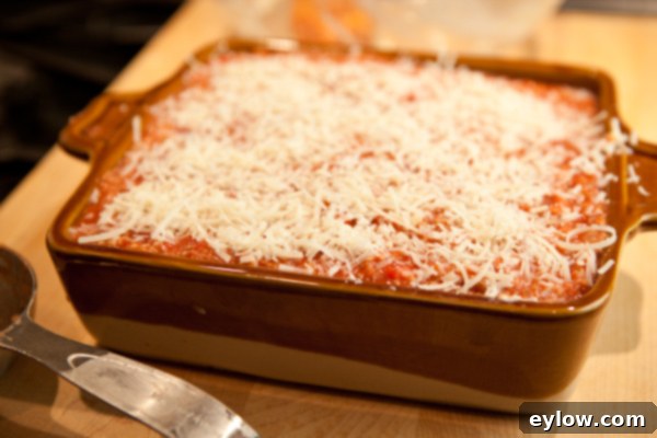 The finished gluten-free lasagna casserole, golden and bubbling, ready to be served.