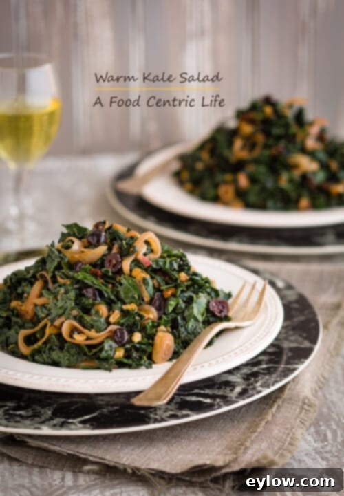 Warm kale salad with cranberries, shallots and nuts.