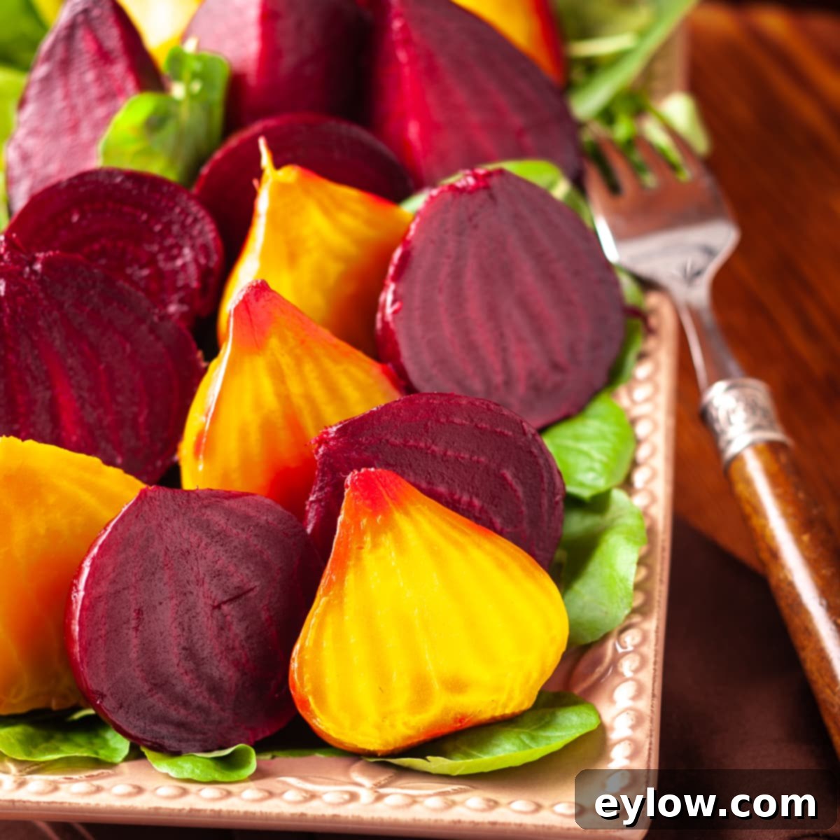 A tan plate of roasted gold and deep purple-red beets on lettuce leaves. 