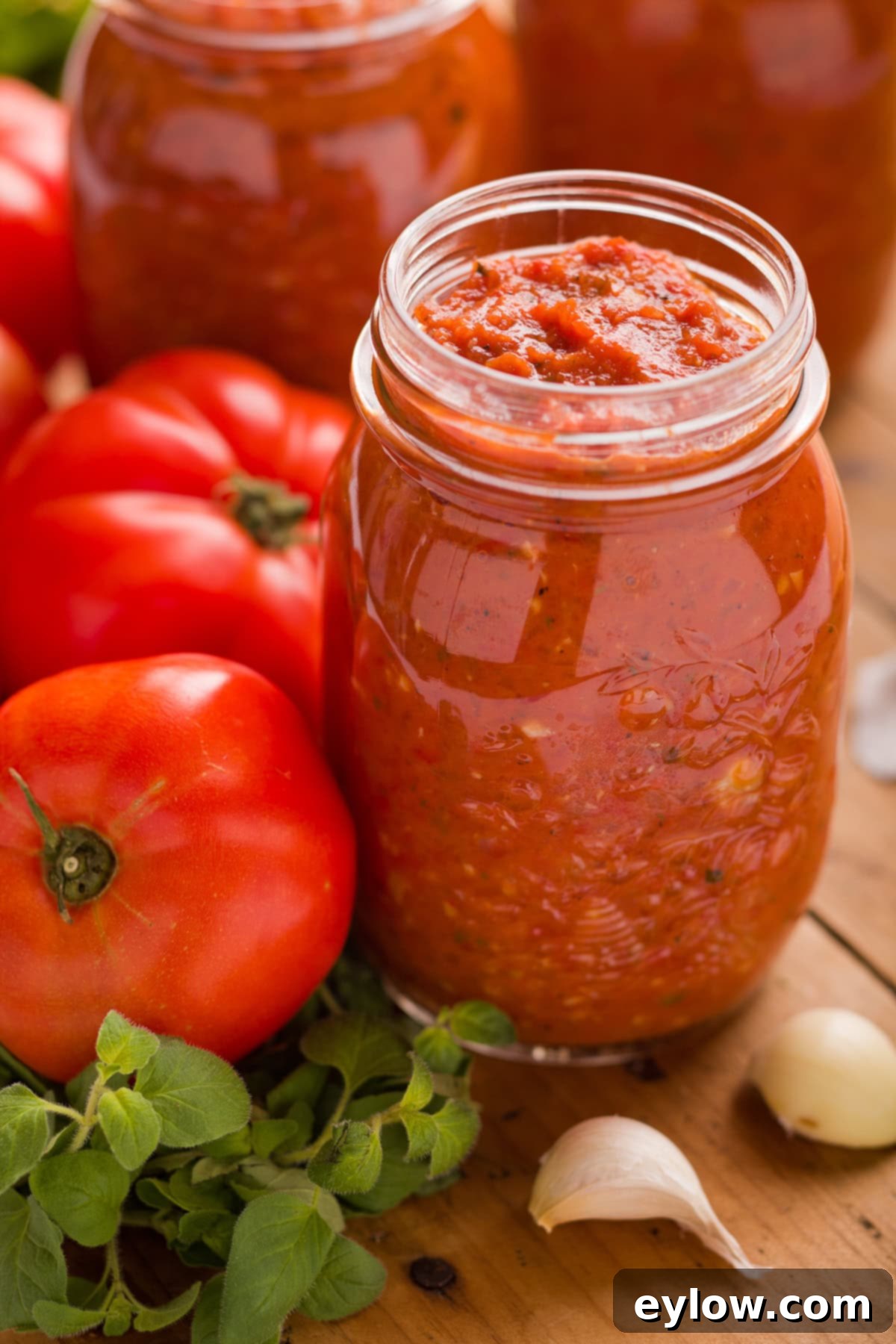 Jars of rich red roasted tomato sauce on a wood counter with fresh tomatoes and garlic cloves.