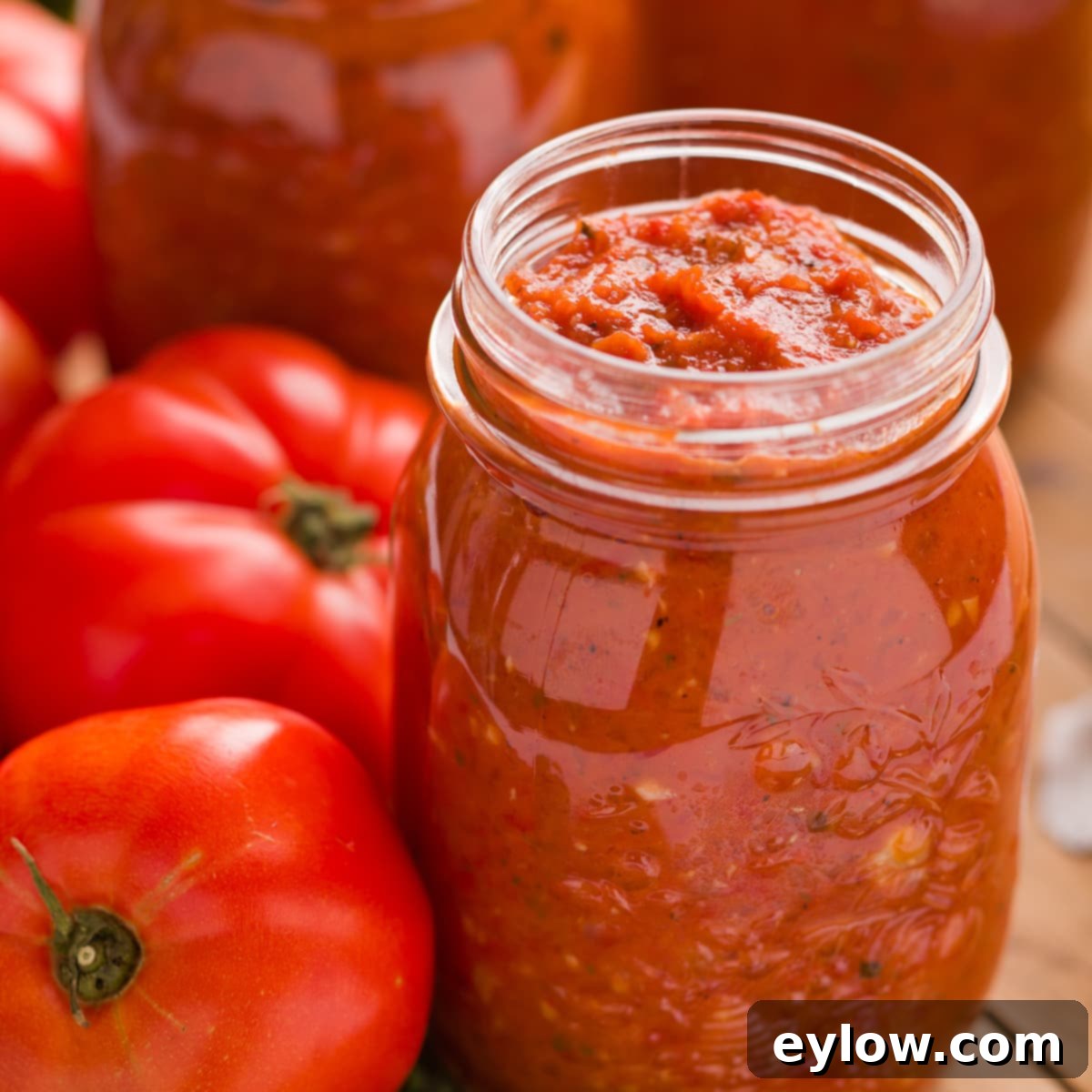A jar of rich red, chunky roasted tomato sauce without a lid and red ripe tomatoes.