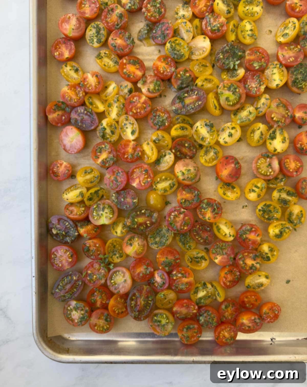Herb Roasted Cherry tomatoes | AFoodCentricLife.com A baking tray of fresh cherry tomatoes ready for the oven, arranged cut-side up on parchment paper.
