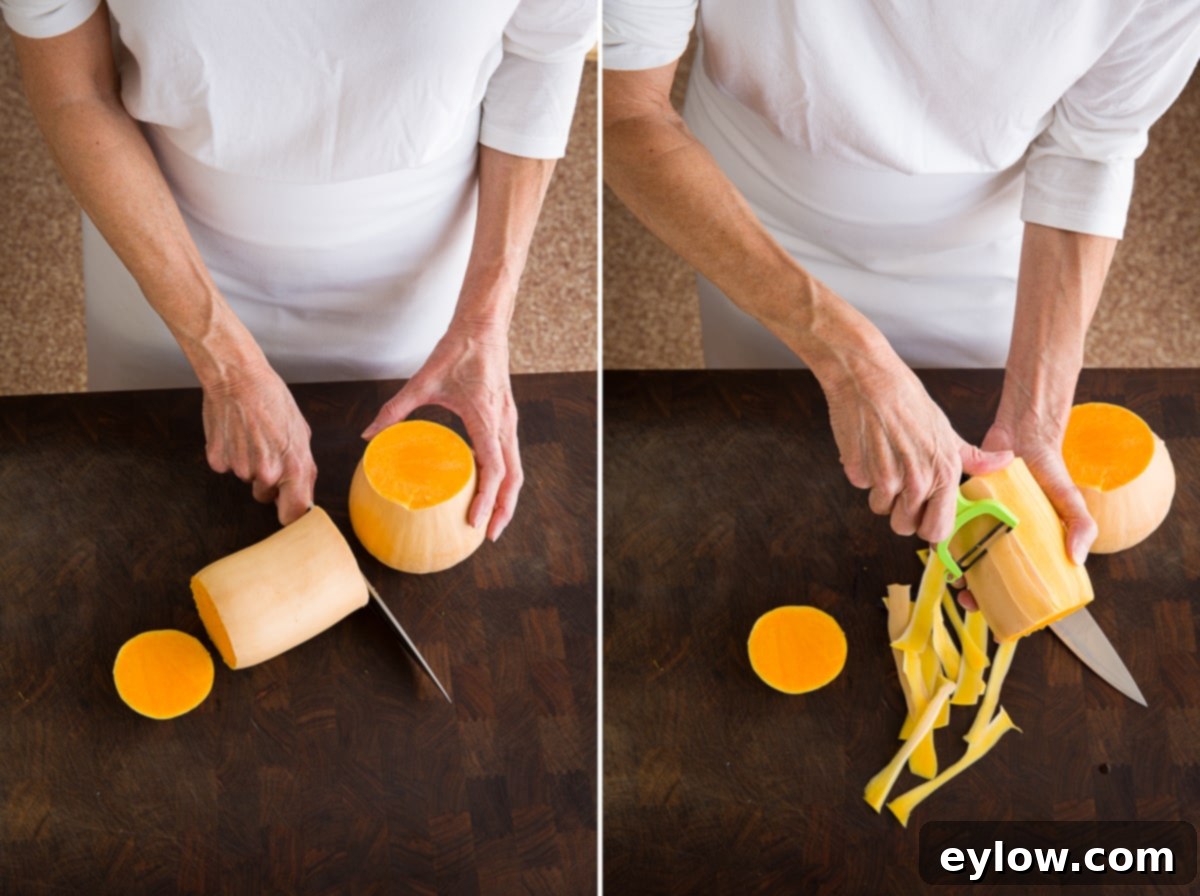 Detailed image showing the process of cutting and peeling a butternut squash on a sturdy cutting board.