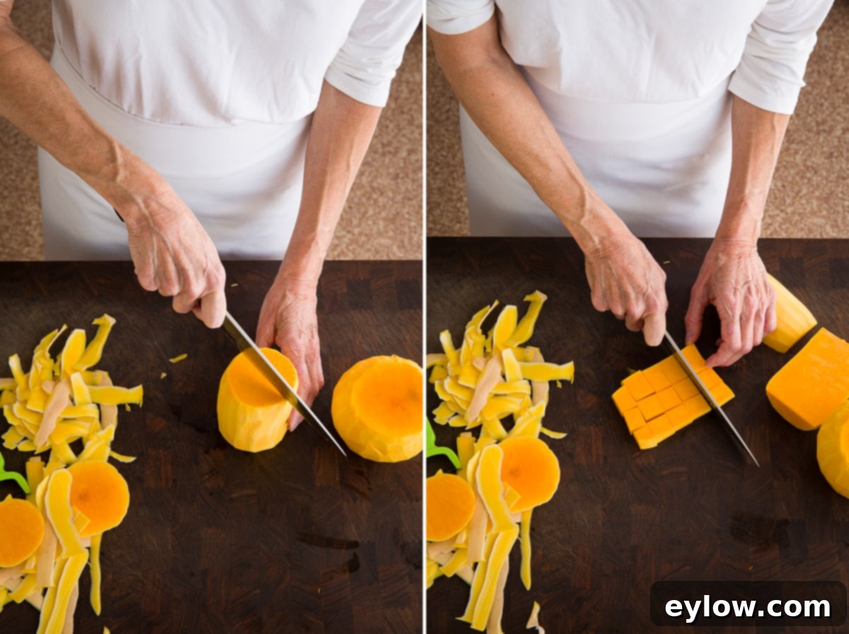 Close-up of a butternut squash being expertly cut and diced into uniform pieces on a wooden cutting board.
