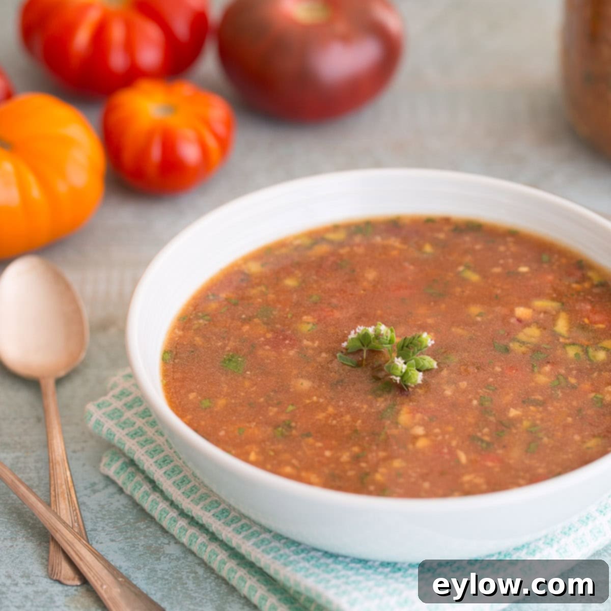 Andalusian Gazpacho Chilled Spanish Tomato Soup 4 A single white bowl of red gazpacho soup on a pale blue napkin with spoons.