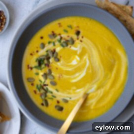 Velvety Butternut Apple Comfort Soup 9 Creamy squash and apple soup in a gray bowl with pumpkin seeds and chives.