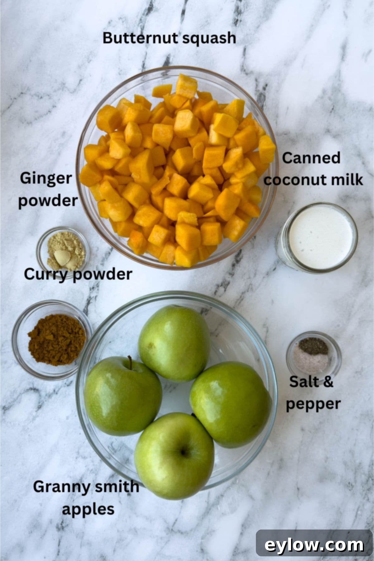 Velvety Butternut Apple Comfort Soup 3 Various ingredients for butternut squash apple soup laid out on a kitchen counter, including whole squash, apples, and spices.