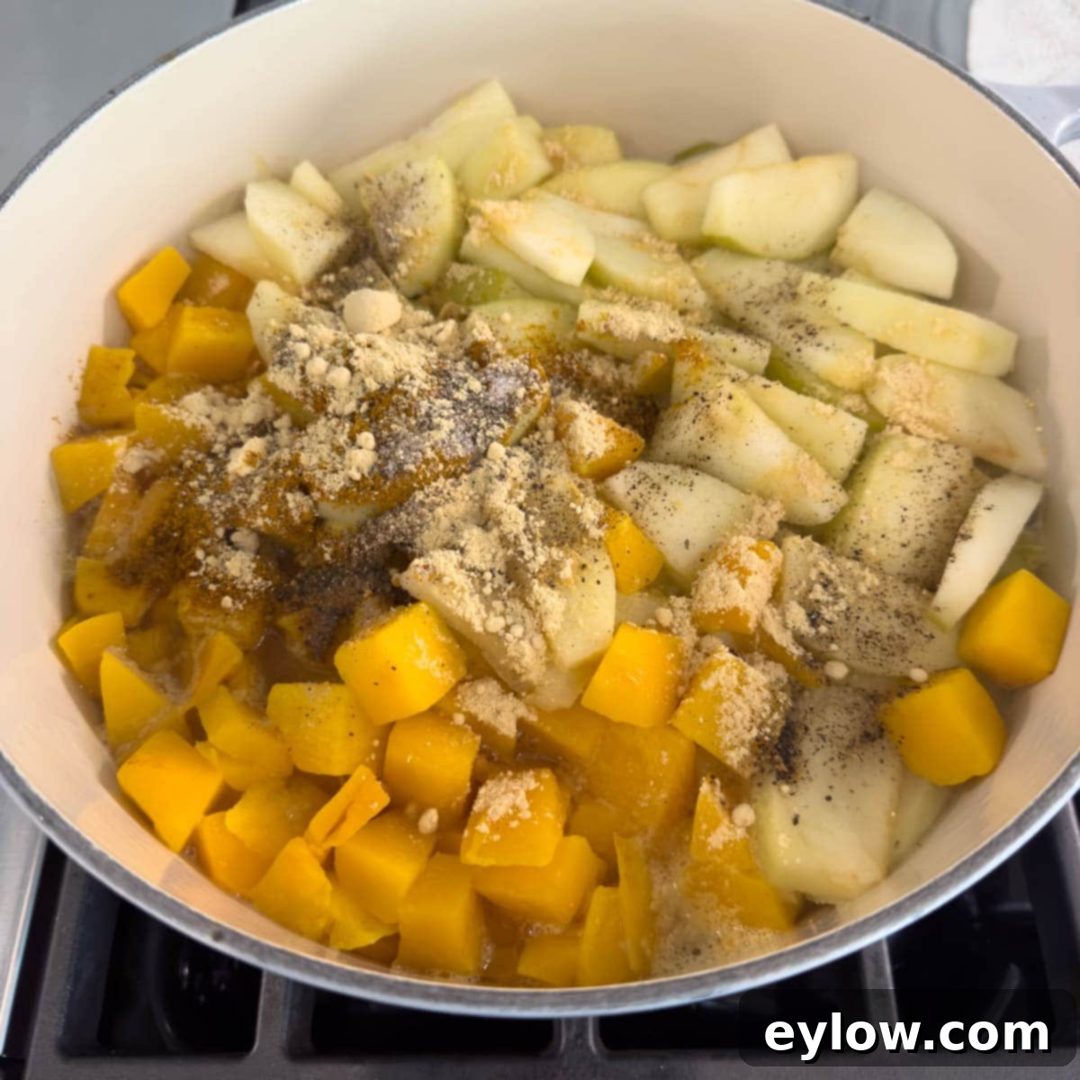 Velvety Butternut Apple Comfort Soup 5 A hand adding various spices from small bowls into a pot of simmering butternut squash and apple mixture.