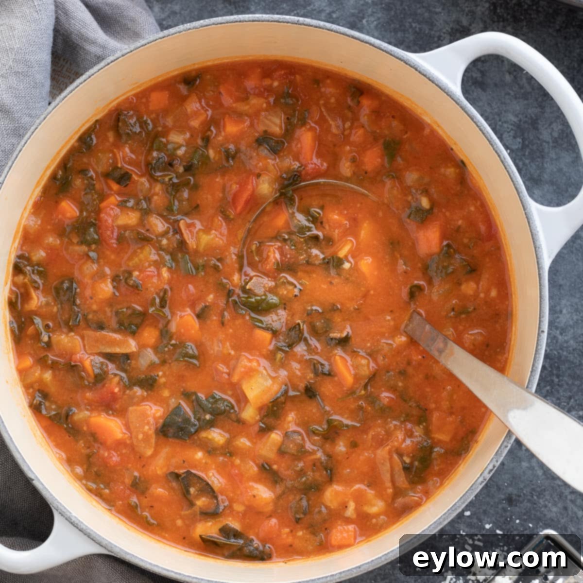 A pot of Italian soup called Ribollita in a gray pot with beans, veggies, and kale. 