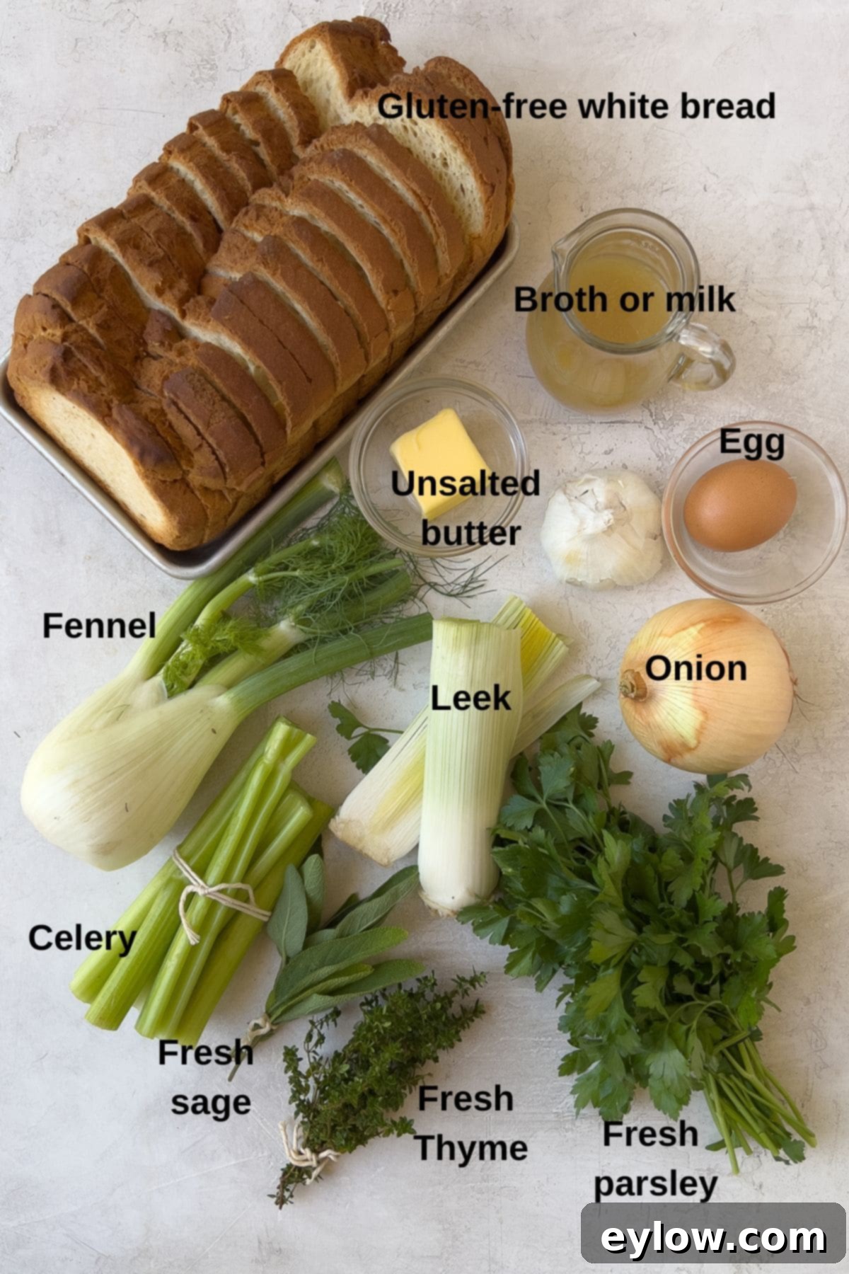 Various gluten-free Thanksgiving stuffing ingredients, labeled, arranged on a kitchen counter.