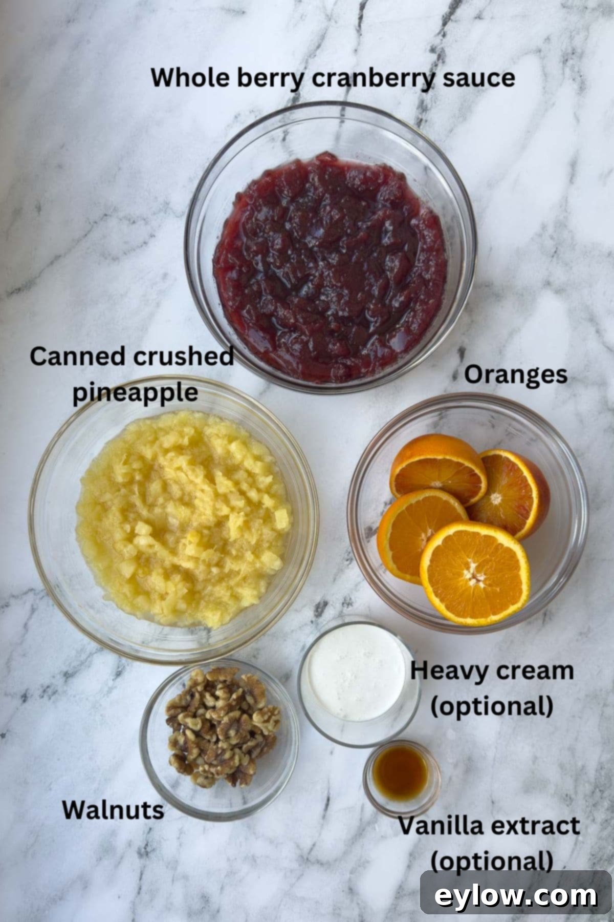 Ingredients for cranberry salad with pineapple and oranges.