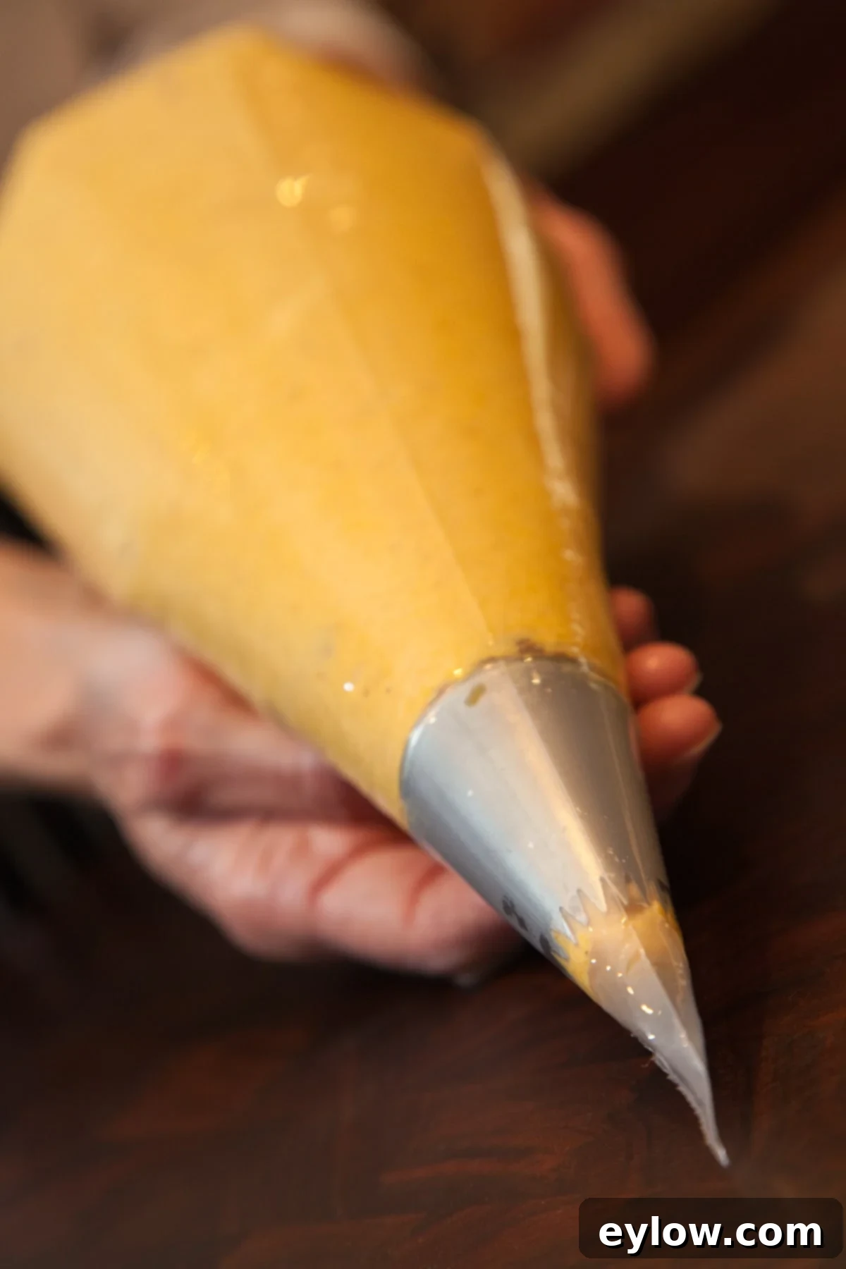 Pumpkin Mousse-0977 Creamy orange pumpkin mousse in a disposable piping bag with star tip, ready for serving.