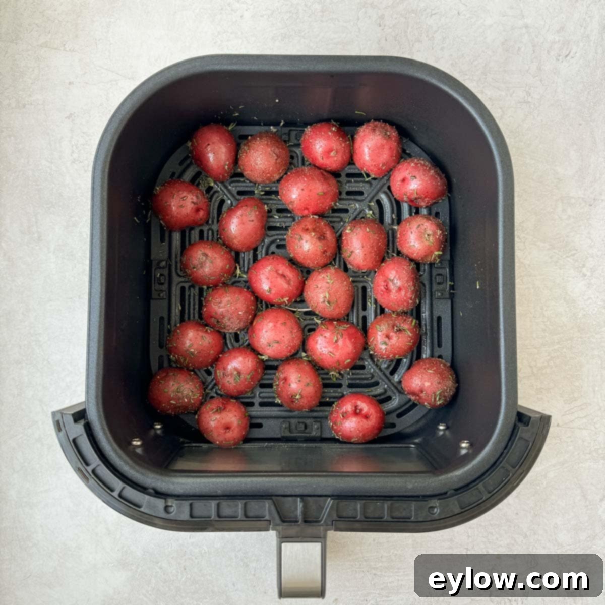 Golden Crispy Red Potatoes: Air Fried or Oven Roasted 5 Baby red potatoes in an air fryer basket ready for cookng.