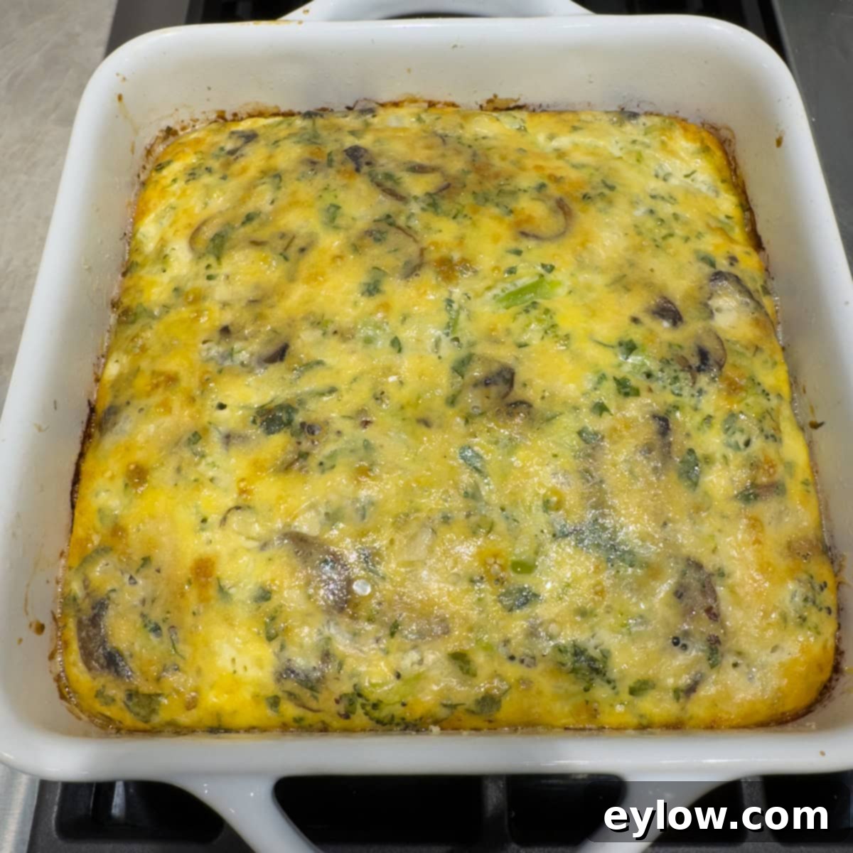 Golden baked breakfast egg casserole done and cooling on the stovetop.