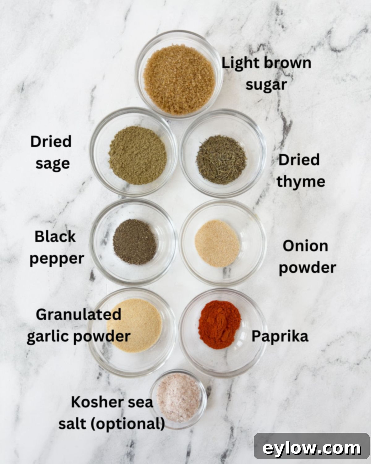 Ingredients to make a turkey seasoning rub in small prep bowls.