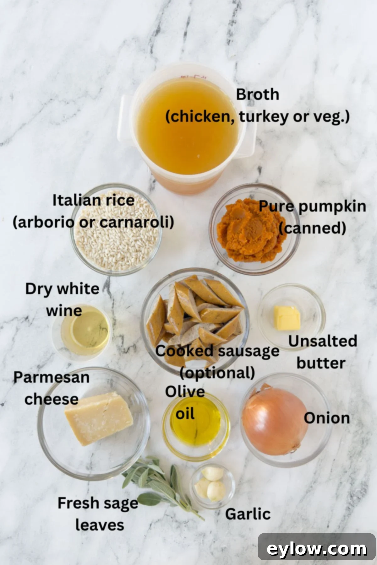 Ingredients for pumpkin risotto in prep bowls on a counter. 