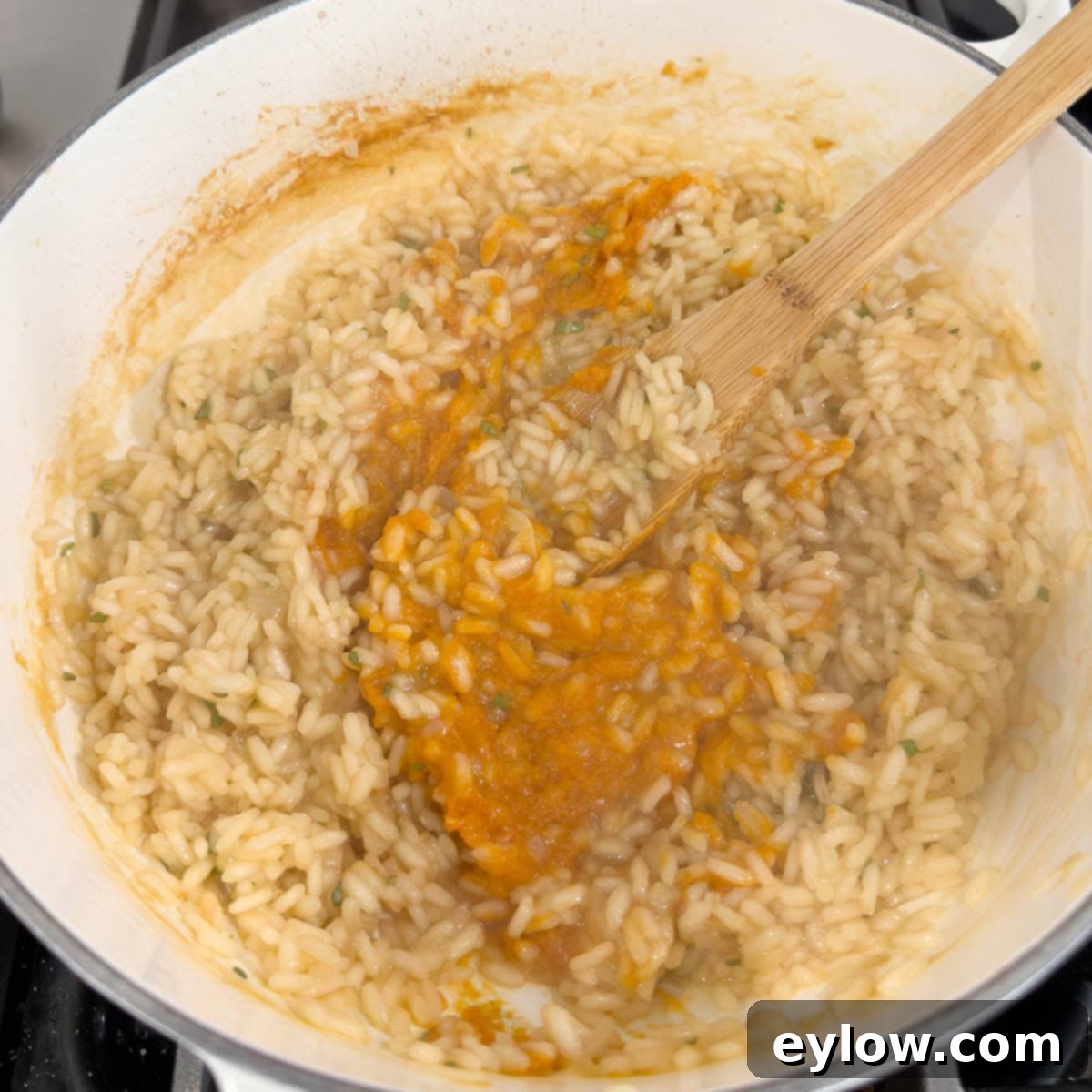 Adding pumpkin and sage to a pot of risotto to make pumpkin risotto.