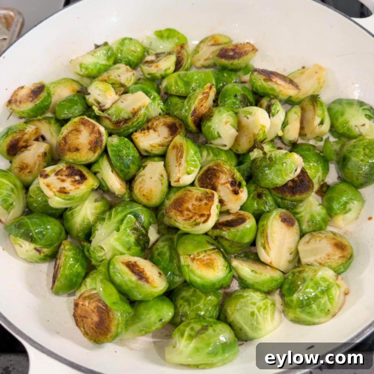 Golden Brussels Sprouts with Crispy Pancetta 8 A wide white skillet filled with evenly browned and glossy Brussels sprouts, demonstrating excellent caramelization and readiness for the next stage of cooking.